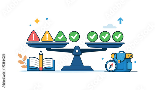 Crisis normalization expressed as a balanced scale with caution icons gradually replaced by neutral checkmarks. The scene highlights learning, preparedness and