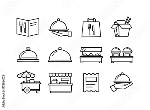 Food Service. Line icon set of Food Service: restaurant menu, waiter tray, food delivery bag, takeaway box, room service bell, catering tray, self service,