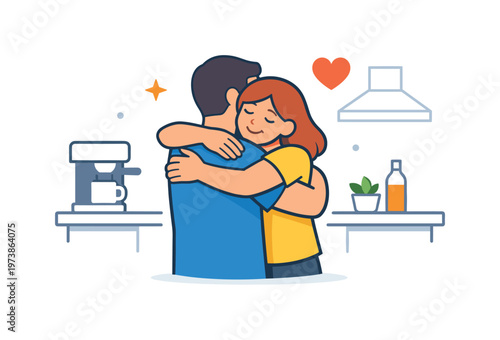 Romantic spontaneity in long term relationships a couple sharing an unexpected hug in the kitchen with a small heart icon suggesting warmth rediscovered in