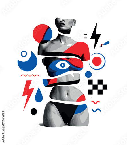 disassembled fashion body with layered torso and abstract symbols, black and white model combined with bold flat shapes in red and blue, modern graphic collage
