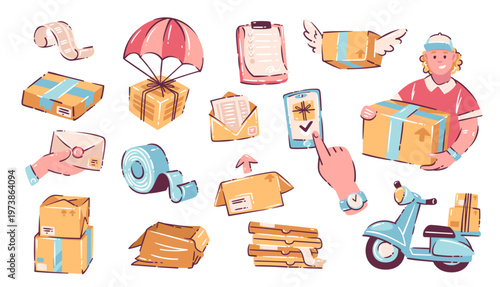 Delivery doodle set with parcels, cardboard boxes, courier, scooter, van, airplane, cargo ship, envelopes, documents, tracking smartphone and logistics icons in cartoon style, vector illustration.