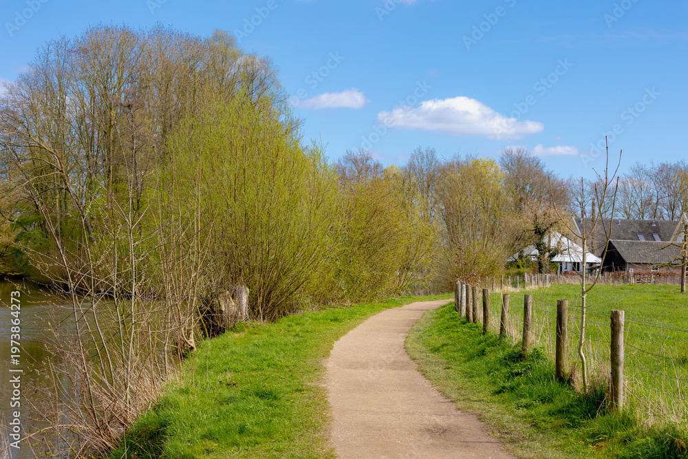 Fototapeta premium Spring landscape, Green grass meadow and trees, Nature path along the Kromme Rijn river (Crooked Rhine) in Rhijnauwen, Bunnik is a municipality and a village in the province of Utrecht, Netherlands.
