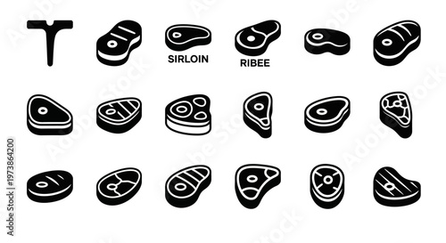Steak, meat icons, black and white, 20 cutouts, vector illustrations, beef cuts, food symbols, restaurant design elements