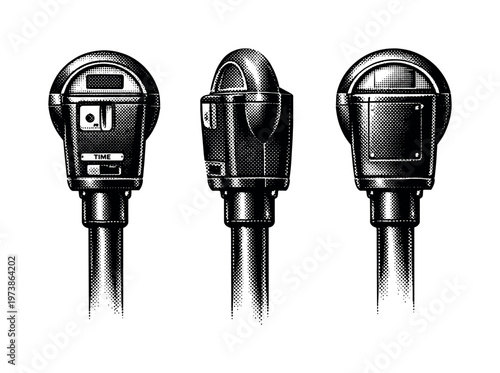 Parking meter pole-mounted structure. A realistic parking meter shown as one object in three different views, focusing on the connection between meter body and