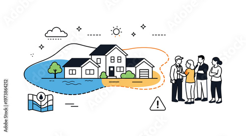 Flood zone remapping neighborhood impact. Small group of houses partially overlapping new flood boundary lines, residents standing nearby in quiet discussion.