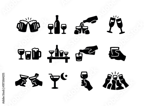 Social Drinking. Solid icon set of Social Drinking: cheers glasses, shared bottle, drink pouring to friends, clinking glasses, filled glasses set, party table