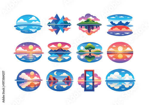 Surreal reflection. Colorful flat vector icons set of surreal reflection: floating clouds mirror, abstract reflection, fantasy sky water, inverted clouds,