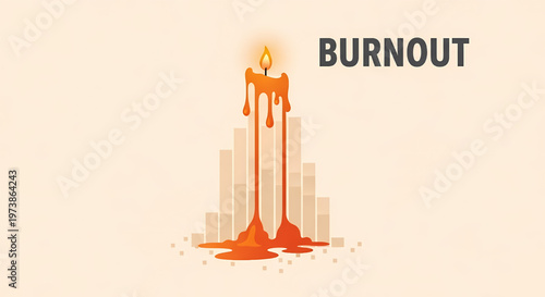 Burnout concept with melting candle and cityscape background its illustration only