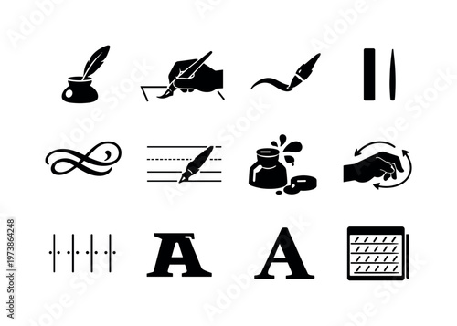 Calligraphy Process. Solid icon set of Calligraphy Process: dipping pen in ink, drawing letter stroke, curved line stroke, thick thin lines, letter flourish,