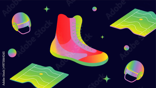 Colorful winter sports illustration with ice skate helmets and rink pattern in vibrant neon gradient on dark background