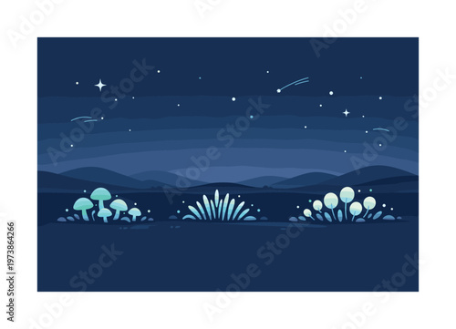 Alien horizon with glowing vegetation. A wide minimal landscape showing distant hills and clusters of bioluminescent plants softly lighting the horizon,