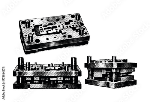 Coin minting die A detailed coin minting die is displayed in three views revealing engraved surface, relief depth, and cylindrical body. Black and white dot
