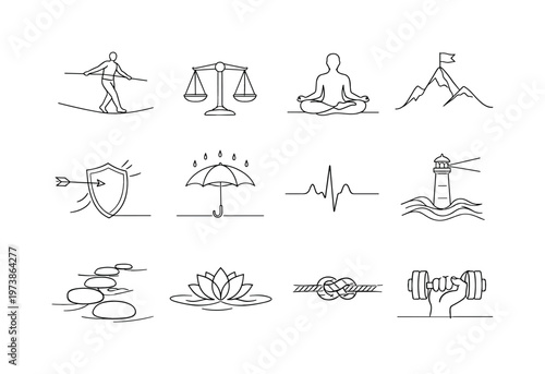 Resilience and Balance. Minimalistic set one-line drawing tightrope walker, balancing scale, person meditating, mountain with flag on top, shield deflecting