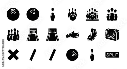 Bowling icons, black bowling symbols, vector set of 20 bowling illustrations, sports equipment