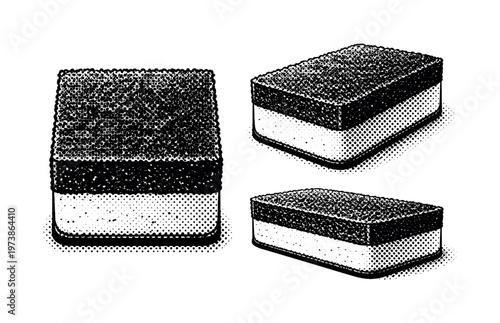Dish sponge ? compact scrub sponge with layered body and textured surface, represented in frontal view, angled perspective, and profile view as a form study.
