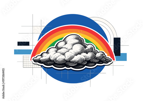 Black and white fluffy cloud engraved style centered, bold rainbow arc in flat saturated colors emerging behind it, large cobalt blue circle partially cropped