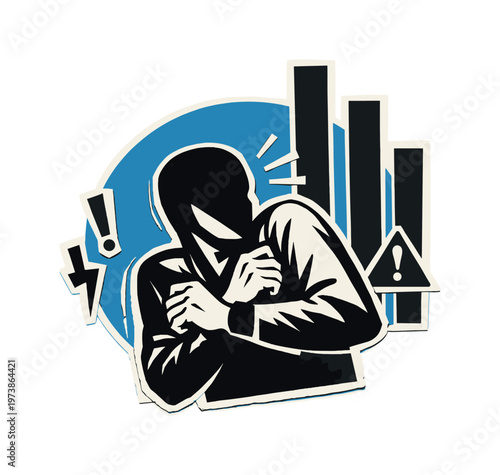 Black and white anonymous comic character recoiling in fear, arms pulled close to the body, head tilted away from an unseen threat, vintage graphic texture,