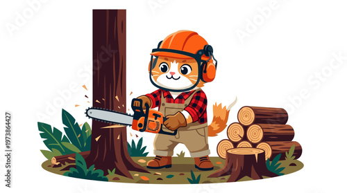 Cute cartoon cat lumberjack wearing safety gear, operating a chainsaw to cut down a tree in a forest setting with wood logs nearby