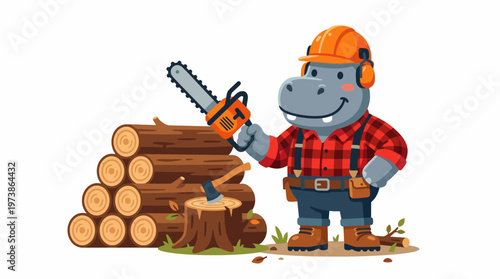 Cartoon hippo lumberjack wearing hard hat and plaid shirt holding chainsaw next to pile of logs and tree stump