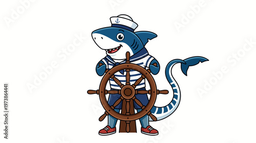 Whimsical sailor shark at the helm of a ship's wheel, embodying adventure and nautical fun