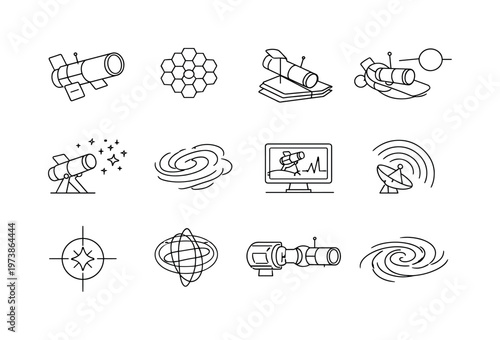Orbital Observatories. Minimalistic set one-line drawing cylindrical space telescope, segmented mirror array, protective sunshield layers, telescope at