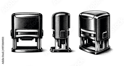 Self-inking stamp A modern self-inking office stamp is depicted in three views: frontal, side profile, and perspective angle, focusing on its plastic casing