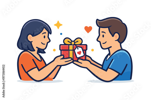 Spontaneous gift giving a wrapped present with a tiny heart tag exchanged between partners symbolizing appreciation without special occasion. Minimalist flat