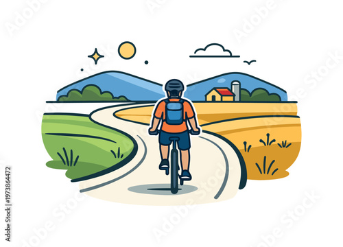 Countryside cycling a lone cyclist rides along a winding rural road surrounded by open fields and distant hills, capturing a sense of freedom and