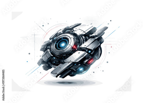 futuristic machine-like object constructed from layered geometric plates and circles, abstract dots and grid lines surrounding, monochrome object with blue and