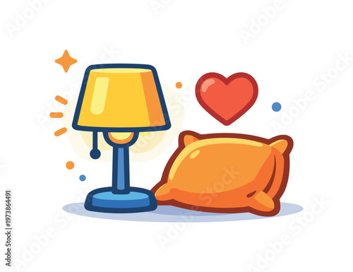 Home comfort improvement highlighting warmth, lighting, and a pleasant indoor atmosphere. A soft lamp glow, cushion, and small heart icon express coziness and
