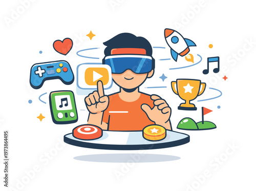 Augmented reality interface highlighting entertainment and gaming with playful virtual elements floating around a simple environment, expressing immersion,