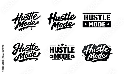 Hustle Mode. Set lettering. harmonious lettering variations of the same emblematic concept, each with different artistic interpretation (Dynamic brushstroke