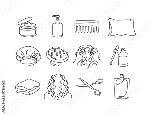 Curly Hair Care and Maintenance. Minimalistic set one-line drawing [curl cream jar, leave in conditioner bottle, wide tooth comb, silk pillowcase, satin