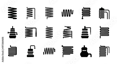 Coil spring icons, spring symbols, coil illustrations, mechanical icons, 20 black spring graphics