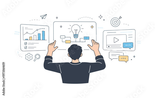 Holographic workspace. A person using hand gestures to interact with multiple floating screens in a clean, abstract environment. Focused work and innovation