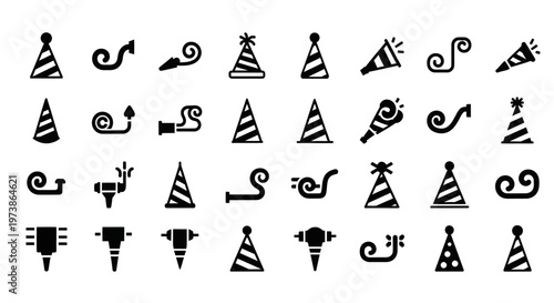 Black party hat icons, music symbols, celebration elements, 25 vector graphics