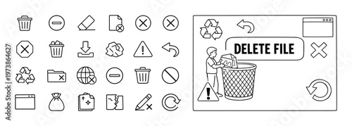 Delete file line icon set with document removal symbols, trash bin interface, file management elements, and digital cleanup concept. Minimal outline collection for recycle, erase, discard, archive, an