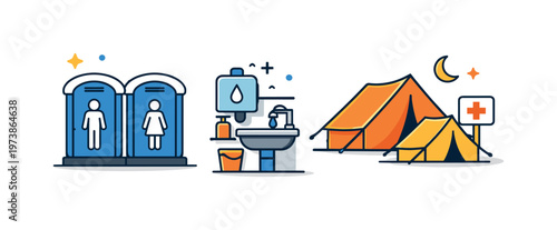 Temporary sanitation facilities simple restroom symbols near shelters highlighting hygiene infrastructure in emergency environments. Minimalist flat vector