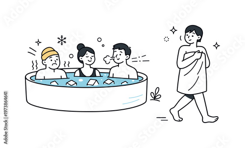 Choosing personal comfort. One person wrapped in a towel stepping away from the cold plunge while others continue. Calm decision-making and boundary setting
