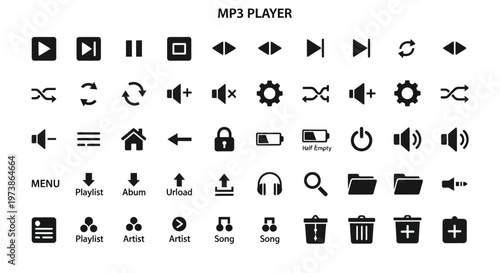 MP3 player icons, audio control symbols, music playback buttons, black vector graphics, sound navigation elements, 40 icons