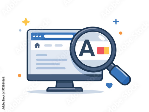 Screen magnification tools illustrated with a monitor and a large zoom lens highlighting interface elements, representing enhanced visibility for low vision