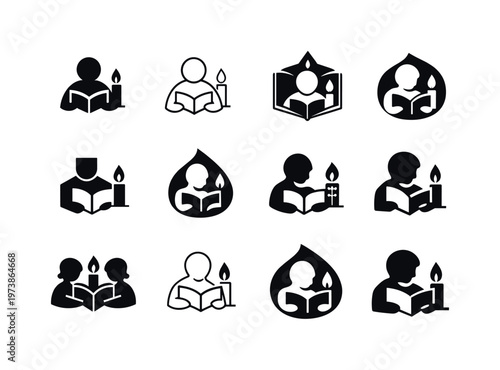 reading by candlelight. Icon set. Set Logo of reading by candlelight: candle flame. harmonious logo variations of the same emblematic concept, each with