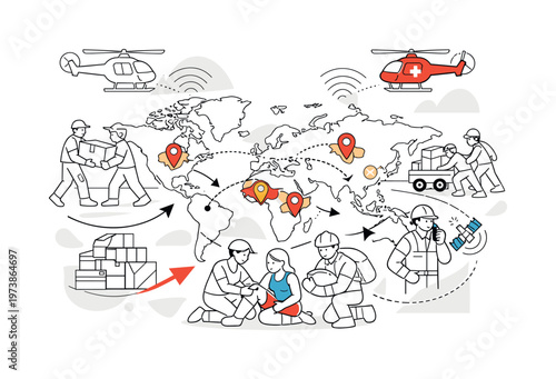 International emergency response. Helicopter icons, rescue teams moving supplies, medics helping civilians, global map with highlighted crisis zones. Fast