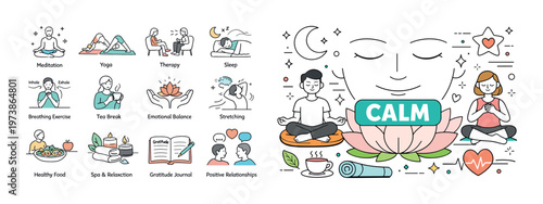 Calm wellness composition with meditation and relaxation icons, mindful lifestyle elements, yoga practice symbols, peaceful routines, and emotional balance concept. Soft modern vector-style set for st