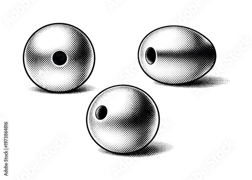 Pearl drilled pearl shown from frontal view with centered hole, side profile revealing perforation depth, and angled view as one prepared pearl bead with