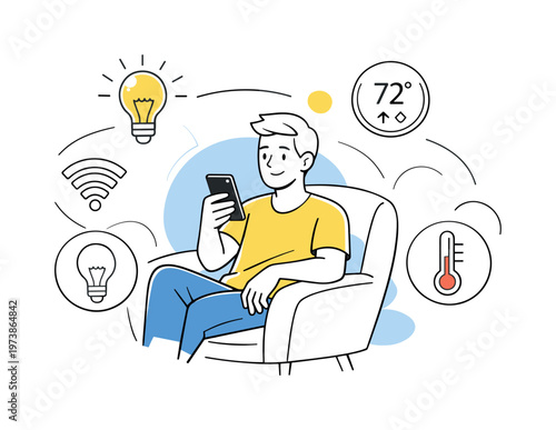 Smart Devices. Person controlling lights and temperature from a smartphone, calm and effortless interaction. Floating icons of bulbs, thermostat, and Wi-Fi