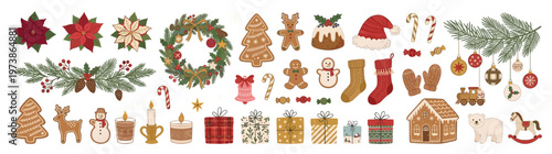 Festive Christmas and Winter Holiday Elements Collection with Traditional Decorations, Gingerbread Cookies, Poinsettias, Gifts, and Cozy Seasonal Symbols for Design Projects, isolated on white