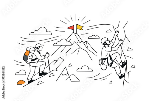Adventure sports energy. Hiker climbing a mountain with backpack, climber on a rock wall, flags on the peak, wind lines emphasizing height and motion. Sense of