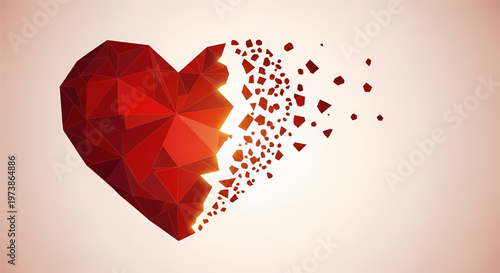 Shattered polygonal heart breaks apart exploding into small pieces on beige background symbolizing love loss and heartbreak its illustration only