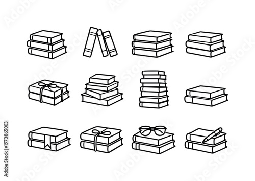Pile of Novels. Line icon set of Pile of Novels: stacked books, leaning book pile, hardcover books stack, softcover books stack, tied books bundle, uneven book